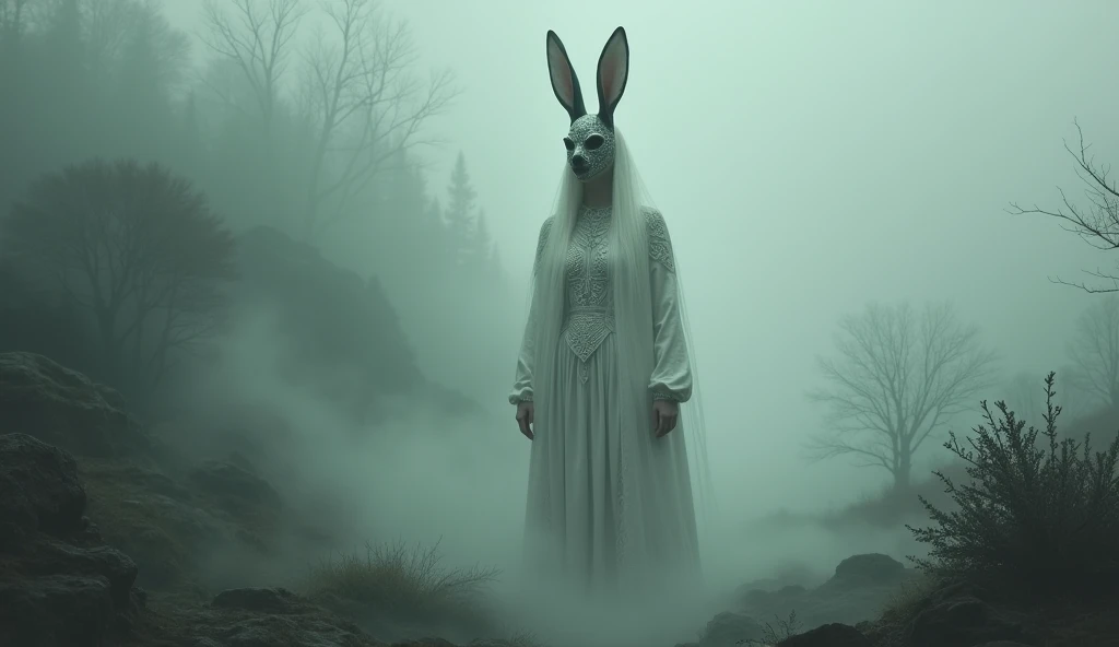 heavy fog ,  dark environment, woman in white clothes with Celtic texture and rabbit head, surrounded by elements of surreal nature , Impressionist art style