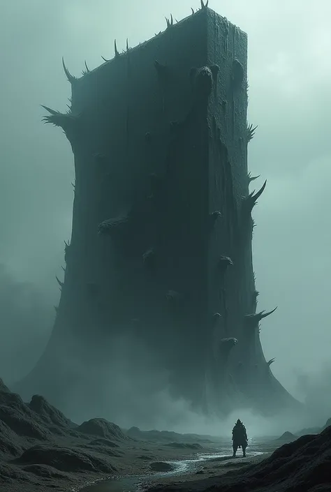 a monolith made of black slime decorated with teeth and fangs in a desolate dark fantasy world, bloodborne reference