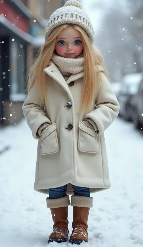 Winter Outfit
"A realistic blonde woman with rosy cheeks, long hair tucked into a white wool coat, and vivid blue eyes that stand out against the snowy backdrop. She wears a fluffy scarf and knee-high boots, standing on a snow-covered street with softly fa...