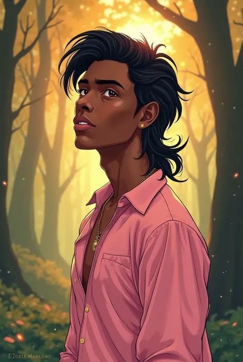 The model is a sexy African manhwa man with mullet, he looks with love and is elf/fairy like. {{{best quality}}}, {1man}, depth of field, {game cg},angular face, adult, watercolor on paper, {{{{{{2024 manhwa style}}}}}}, beautiful, sexy, {{{{perfect eyes}}...