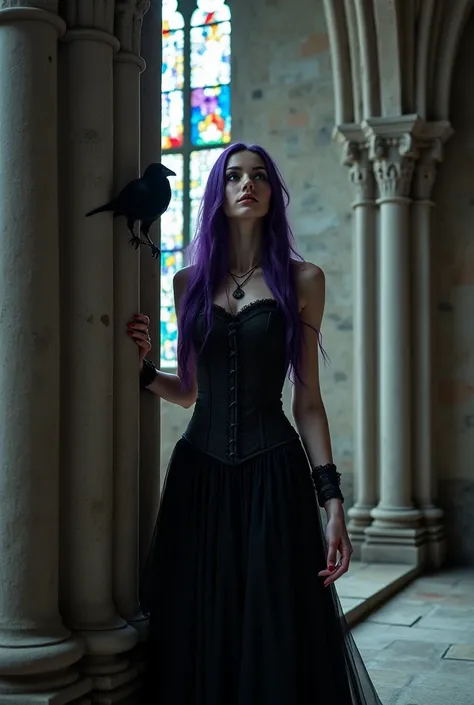 A 23-year-old gothic woman with long, dark purple hair stands at the entrance of an ancient, abandoned cathedral. Her pale skin contrasts with the decaying stone walls, as dim light from stained glass windows casts colorful patterns across her face. Her bl...