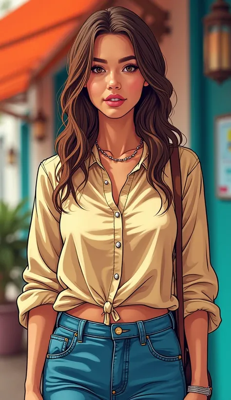 DISCREET image. with discreet casual clothes. image adult woman, american, comic book style. with a discreet smile. IMAGES WITH VIBRANT COLORS. with Colorful background