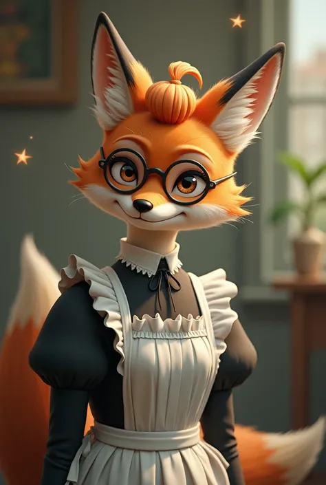 The half-man fox, wearing twistle-hair clipped glasses, tied two sides of his hair, wore a maid dress, aged 25. 