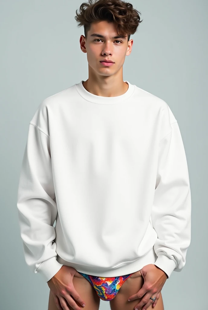 Sweatshirt Mock-up . Shawn Mendes wearing a blank white Sweatshirt and colorful underwear.