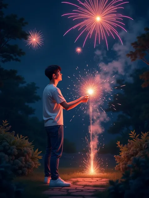 A 17-year-old Korean man playing fireworks in a dark garden wearing a white T-shirt, blue jeans and white shoes , the man has dark hair  