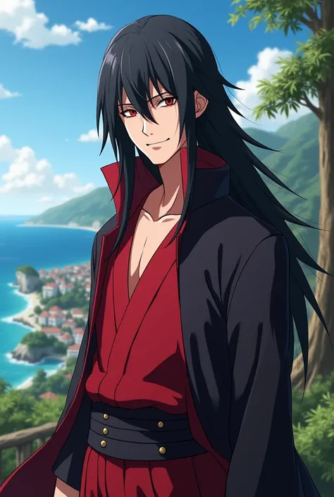 1male, uchiha madara in anime naruto, long hair , black hair, red eyes, handsome, smile, red clothes, realistic clothes, detail clothes, beach city background, ultra detail, realistic