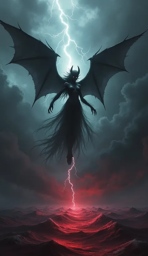 Lilith the demon flying through black clouds and thunder to the red sea