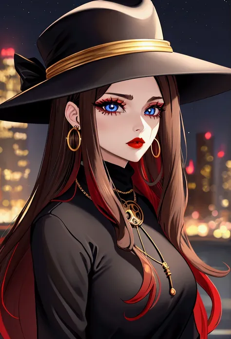 solo, 1girl, brown hair, long hair, lush hair, blue eyes, eyeliner, black mascara, red lips, calm face, black wide-brimmed hat, black turtleneck, golden big earrings, golden necklace, dark-red jacket, portrait, night city