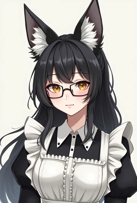 Half-man fox, black-haired, wearing hair-tied glasses, wearing a maid dress, aged 25, with white hair ends. 