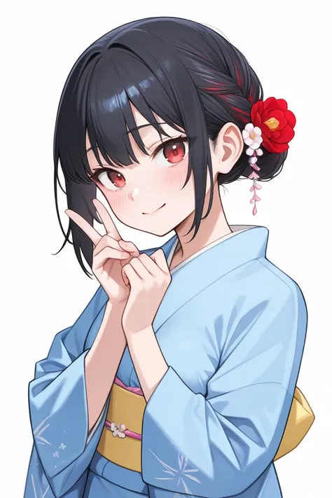 青い和服を着たウルフカットの髪型の女子高生、 red eyes、A high school girl with a wolf-cut hairstyle wearing a blue kimono with a embarrassingly troubled face 、 peace sign。 white background