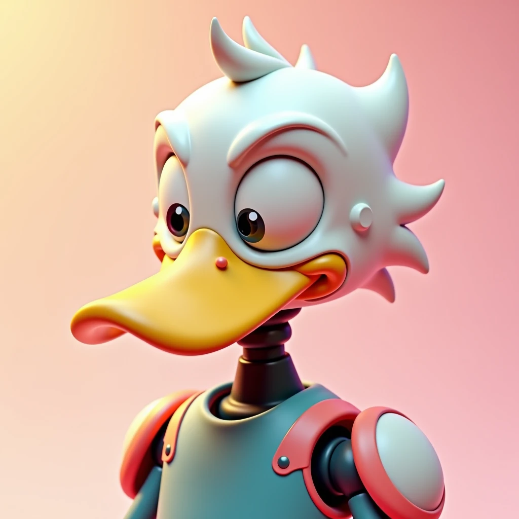 3D illustration of a hero "robot duck", portrait close up. The composition should include sharp textures, and unexpected whimsical elements, all rendered in a vibrant high contrast color color palette. The background should be light-gradient color that com...