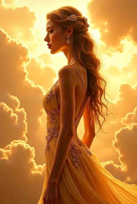 Goddess Psyche , sexy greek dress, mythology,  realistic , golden clouds background, Olympus