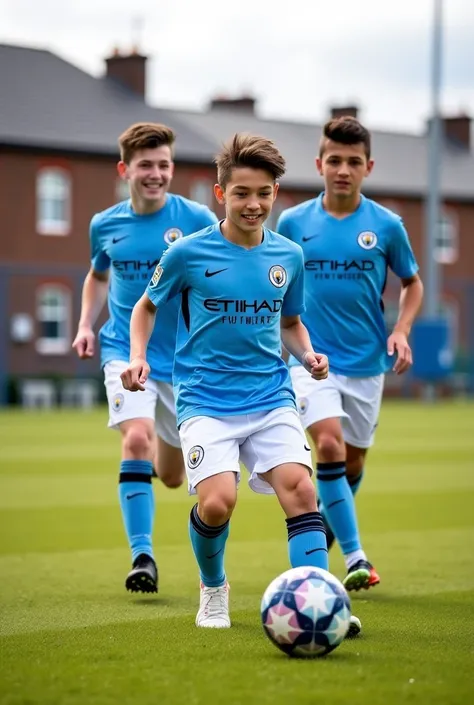 Three male students wearing Man City jerseys playing football at the schools football field