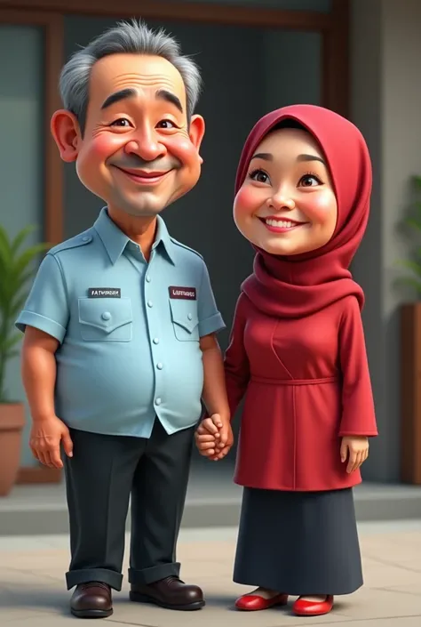 Caricature 4D, a 50-year-old man with a big head , in a light blue kemenkunham uniform wearing black pants and on his shirt there is a nametag that says FATHORROSI ,  joined hands with a 50-year-old woman in a red kebaya and a red hijab with a black skirt ...