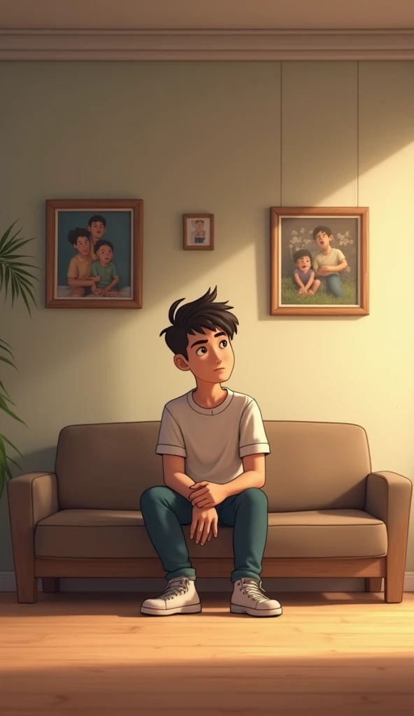 animated image of the Protagonist (a young man) sitting in an empty living room, with family photos on the wall,