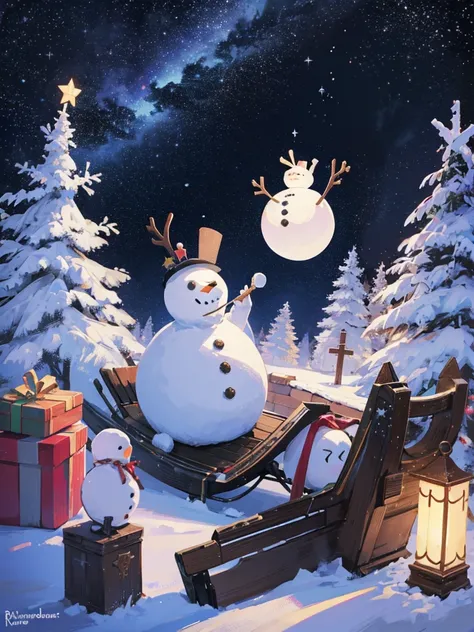 A Snowman in Space, Universe, Christmas Tree, Sleigh, Raindeer, Snowflakes, Without Any Single Person, Dark Mood, Dark Lighting, Banner