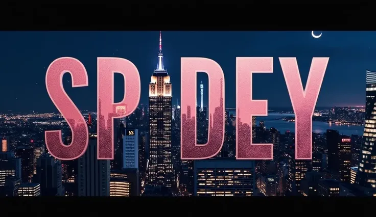 A YouTube banner with the text "SPIDEY" in large, bold letters. The text is placed over a background image of the iconic Manhattan skyline at night, with the Empire State Building prominently visible. The sky has a few stars and a crescent moon. The overal...