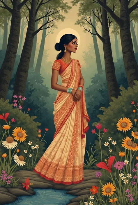 Traditional kalamkari girl in forest painting 