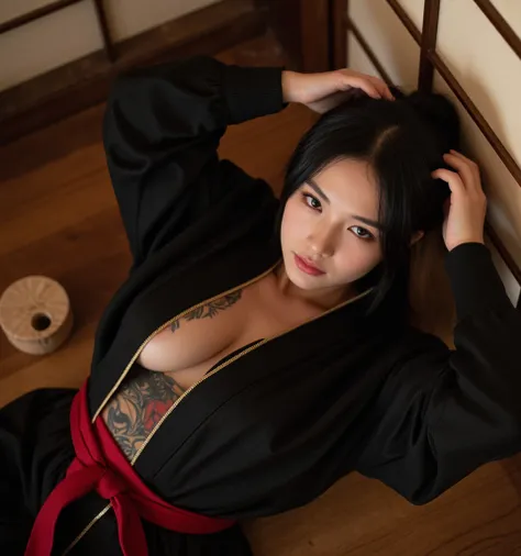 (((female ninja)))、(((Kunoichi)))、((Sexy shinobi kimono))、(( sleeps on your back))、( shot from above :1.3)、tattoo、Japanese style background、Background Japanese style room in the old days、 with hair tied together、 black hair、 sexy、20 years old、woman、 cute、s...