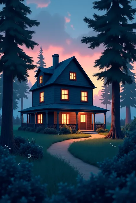 In cenamatic 3d cartoon style " The House at DuskThe house appears even more mysterious at dusk. The fading light of the setting sun casts long shadows on the overgrown garden and the exterior of the house. The tall trees surrounding the house sway gently ...