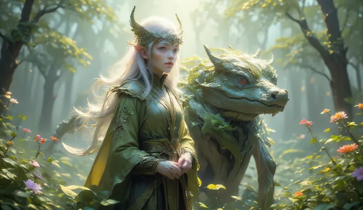 (best quality, 128k,highres,masterpiece:1.2),ultra-detailed,(realistic,photorealistic,photo-realistic:1.37), ((masterpiece)) ((photography)) ((Highest quality)) A mystical elf with long white hair adorned with leafy vines, wearing intricate green robes dec...