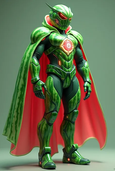 A futuristic superhero named MelonTron with a watermelon-inspired design. The main body features a fibrous and resilient watermelon texture. The chest plate is a glowing watermelon seed with LED lights embedded in it. MelonTron wears a flowing cape that re...