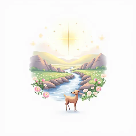 A serene, pastoral landscape depicted in a soft, pastel style.  A gentle stream cascades down rocky slopes, flowing through a valley filled with vibrant wildflowers and lush greenery.  The colors are mostly pale yellows, pinks, and muted greens, suggesting...