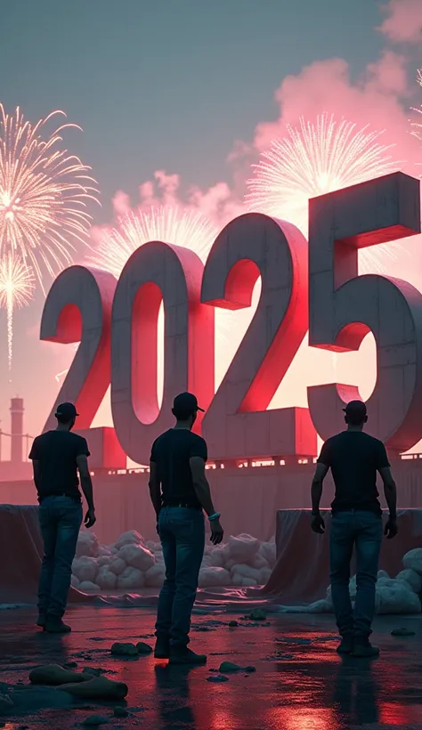 A giant text  "2025"  in 3D with men working with black t-shirts,  black cap and blue jeans , tarpaulins, screens.  In the background of fireworks .