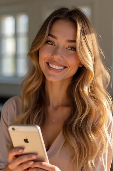  A charismatic and dazzling digital influencer, with radiant skin ,  expressive eyes and a charming smile .  She has long and wavy hair , with golden reflections,  and you are wearing a modern and elegant look .  The background is minimalist ,  with soft l...