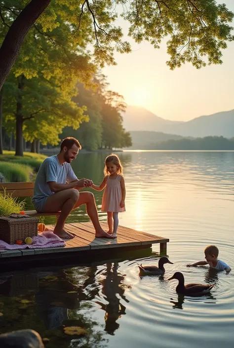 A serene lakeside scene featuring a family of four enjoying quality time together. The parents are seated on a wooden pier, dipping their feet into the calm water while holding hands, with a picnic basket and blanket nearby. The ren are playing by the wate...