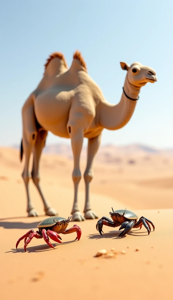 A realistic, full-body depiction of a camel and a crab facing each other in a desert setting. The camel, with its tall, humped body, sandy-colored fur, and long legs, stands firmly on the shifting dunes, exuding resilience and endurance. The crab, with its...