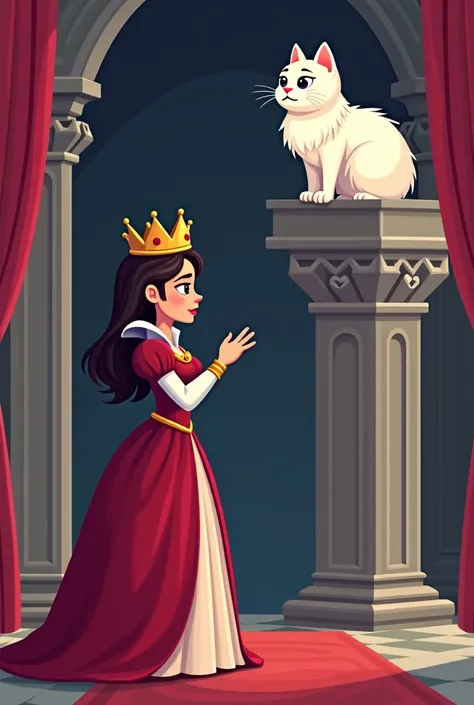 he queen asking for help
"Inside a grand castle hall, a pixel cartoon-style queen in a red royal gown, wearing a golden crown, gestures toward a high roof where a fluffy white cat is perched. The cat looks down nervously. 