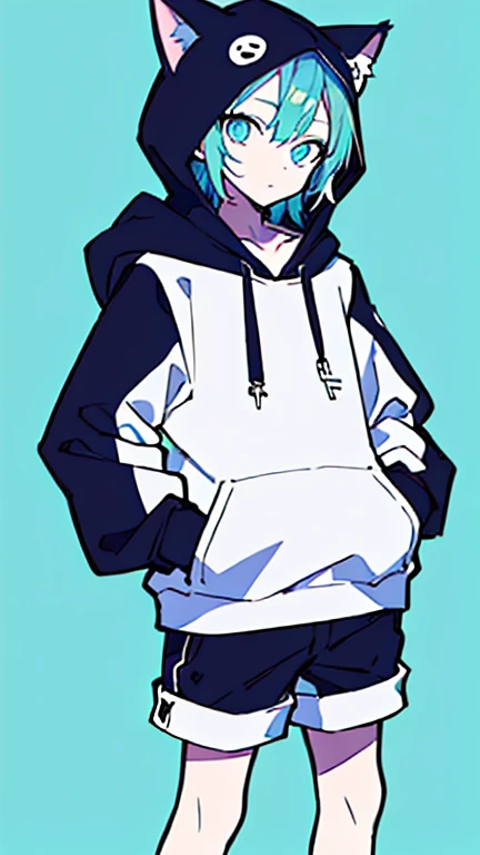 (masterpiece,  top quality :1.6), Alone, Thick outline, (  simple background,  Light blue background, monochrome, Light blue theme :1.2),  Official Art,  key visual, 8k,   disorganized , whole body, (Unique Hair, Cat ear hoodie thats too big ,  hotpants, A...