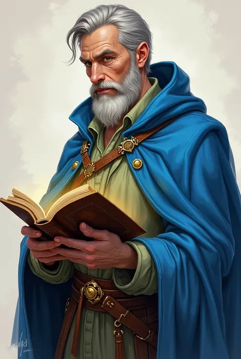 a drawing of a man with a blue cape holding a magical book, Old elf wizard, portrait of fin wildcloak, a portrait of a male elf, fantasy d&d character, as a dnd character, portrait of a dnd character, a male elf, portrait of a mage, portrait of a young elf...