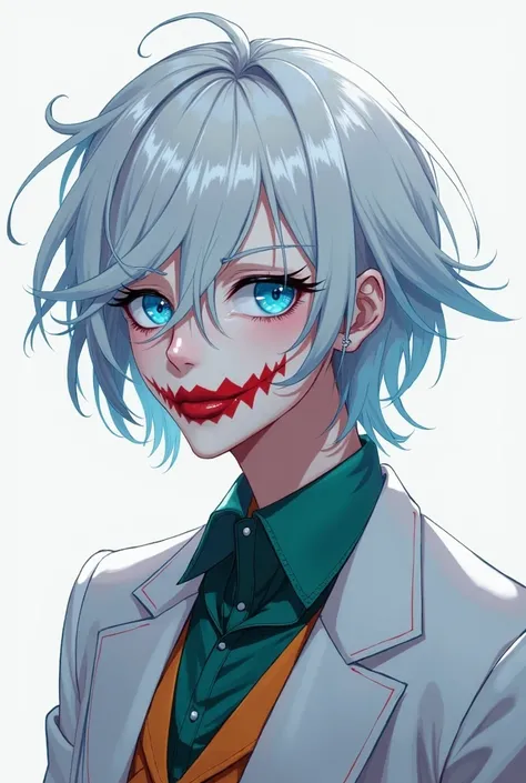  In a young adult anime style with medium sized hair and white color,  blue eyes. He will be wearing harlequin style clothing and makeup inspired by dark fantasy