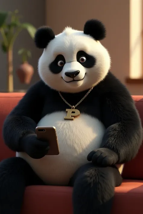  3D character ,  like disney pixar , a panda ,  called it prodo ,teenagers,  boy ,  with human body ,  wearing a necklace bearing the initials P ,  is neither fat nor thin ,  dressed as a human ,  sitting on a sofa in black ,  holding a cell phone ,  looki...