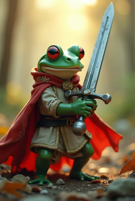 A little frog , with medieval clothes,  with a red cape , brandishing a giant white sword, at dawn 