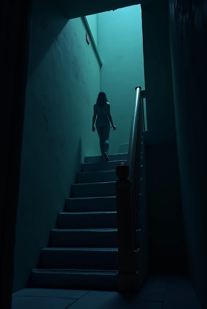 In cenamatic 3d cartoon style " Mysterious Whispering Sounds in the HouseAn eerie scene with Radha and Sameer standing at the foot of a staircase in the dark, the faint sound of whispering echoing from above. The house feels alive with secrets. The walls s...