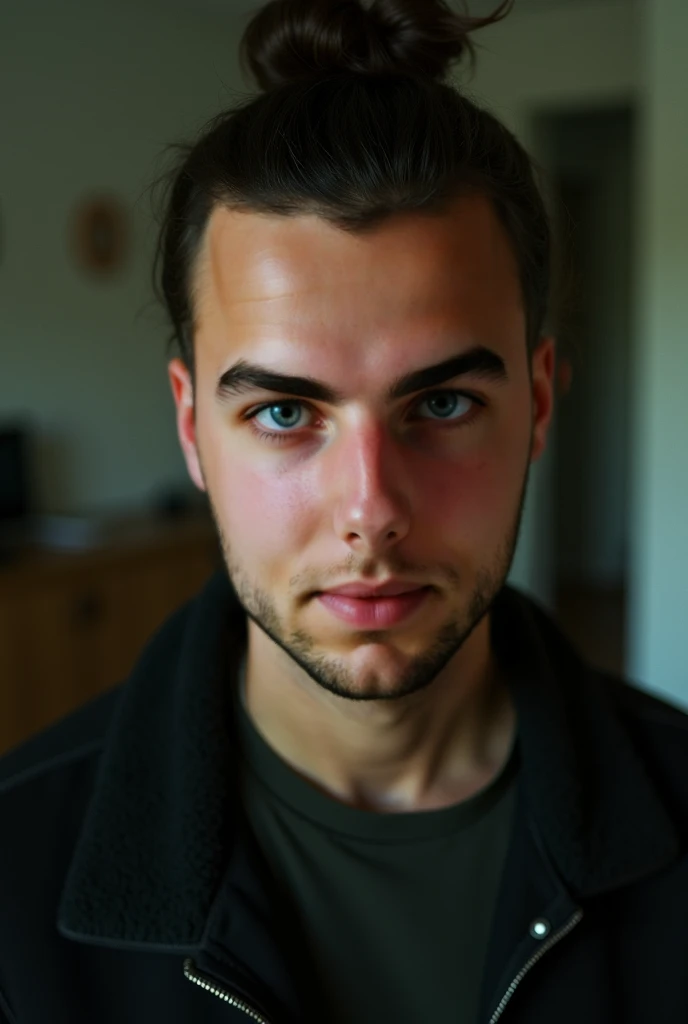 Men using gray adidas shirt, realistic lighting, inside an apartment. Fujicolor Superia X-TRA 400 — v 6.0 — style raw. a man with a thin face, shaved sides, and a top knot, green eyes, dark brown hair, photorealistic, highly detailed, sharp focus, 8K, ((ma...