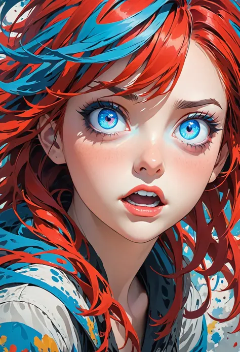 Crazy looking girl with red hair and blue eyes