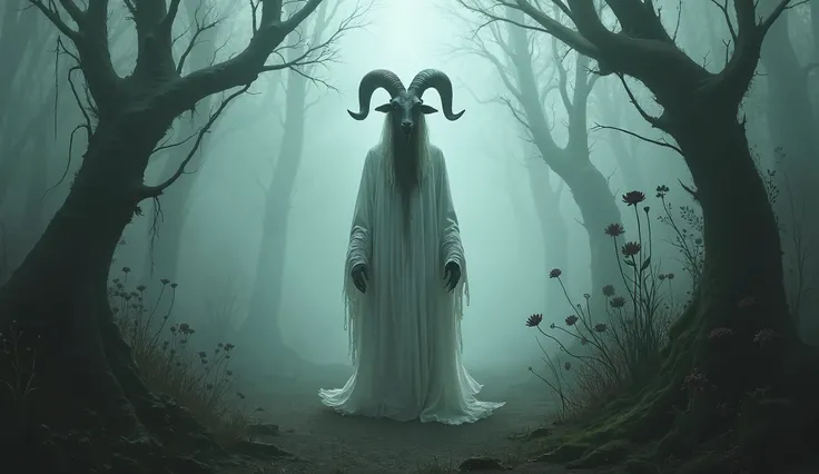 heavy fog ,  dark environment, Creepy woman in white clothes and goats head, surrounded by elements of surreal nature , Impressionist art style