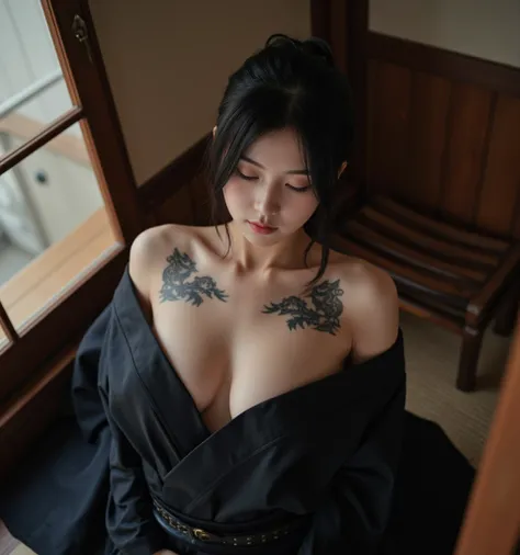 (((female ninja)))、(((Kunoichi)))、((Sexy shinobi kimono))、(( sleeps on your back))、( shot from above :1.3)、tattoo、Japanese style background、Background Japanese style room in the old days、 with hair tied together、 black hair、 sexy、20 years old、woman、 cute、s...