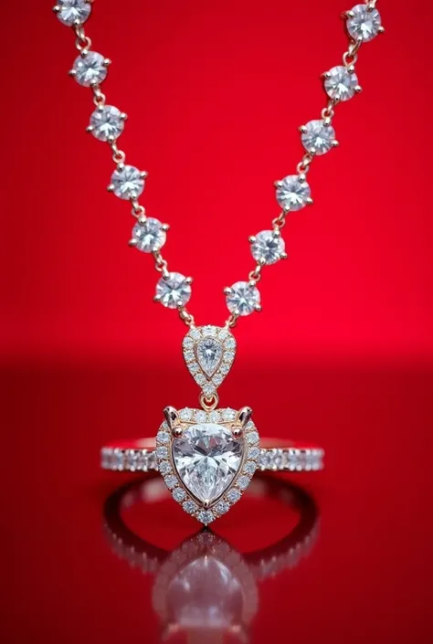 Create a picture of real diamond jewelry, with beautiful diamond sparkles, with a necklace, earrings, and a matching ring, a wide-faced piece in a beautiful, white gold frame, an 8k resolution image to be enlarged to a size of 40×60 cm, a RED-toned backgro...