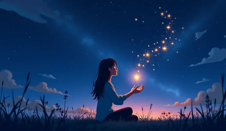 Lila,  looks like the lights of the stars are dancing in the sky while ,  is sitting under the stars while his eyes twinkle . Gözleri parıldarken,  draws his dreams in the air with his hands.  Draw in animation style but realistic.