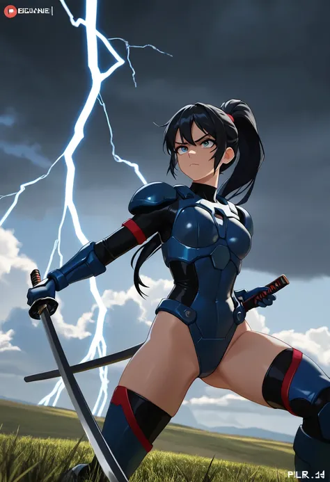 masterpiece, best quality, ultra detailed, insanely detailed, Full-HD, 16K, highres,　beautiful woman, serious expression, ponytail, battle suit, leotard-like outfit, katana wrapped in lightning, ready stance, dynamic, intense, battle scene in grassland, ba...