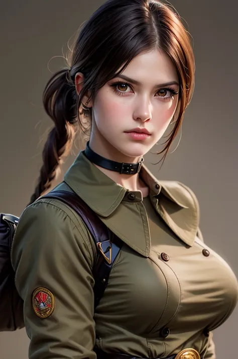 1woman, bob hair long ends, Brown hair, Brown eyes, choker, Long gloves, belt, uniform military, boots, beautiful, detailed, realistic, military jeep background, serious face, large breasts, waist, MASTERPIECE, highres