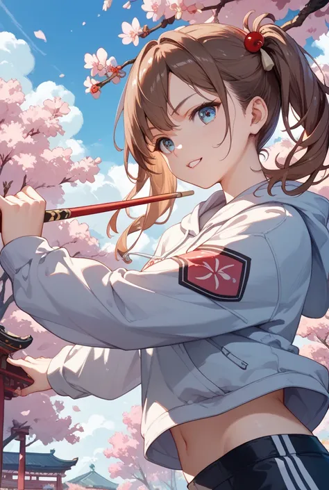 Ruyi Stick、China、 girl 、cherry blossoms、 cool 、Its playing、Brown Hair、Ruyi Stick、Fighting、 hoodie