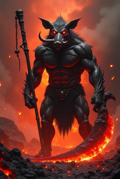 A hyper-realistic depiction of a human-boar hybrid, magma-cracked black skin glowing with fiery veins, tusks extending from a fierce humanoid face, holding a massive crimson scythe, standing on molten volcanic ground under a smoky crimson sky, his stance p...