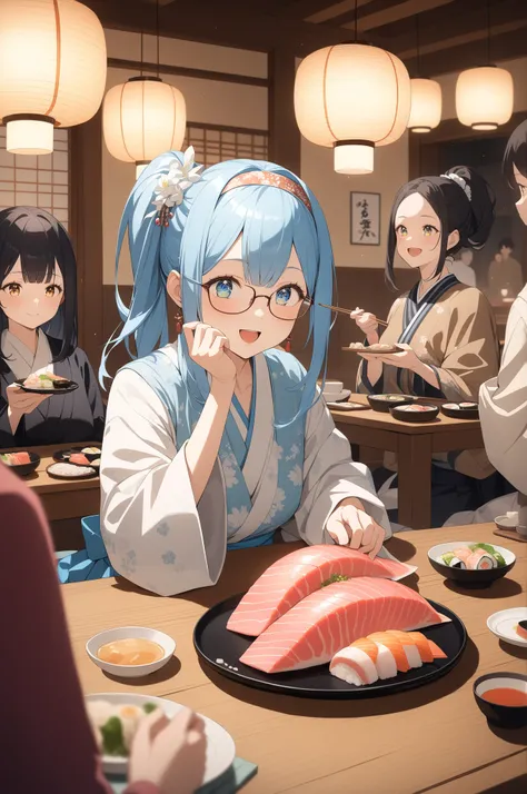 Anime-style, Re:Zero, Emilia-style women, eating fatty tuna at a sushi restaurant with friends, enjoying the meal, a sunken kotatsu in the background, a Japanese-style room, everyones outfits are cute winter outfits. There are small magatama in the eyes, t...