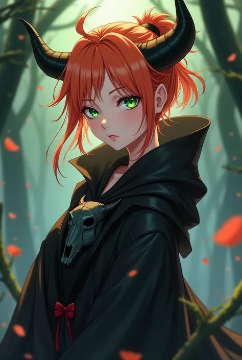 pretty, female, Black shoulder-length robe with a black bull skull on it,  orange hair, green eyes (Black Clover Anime Art Style)